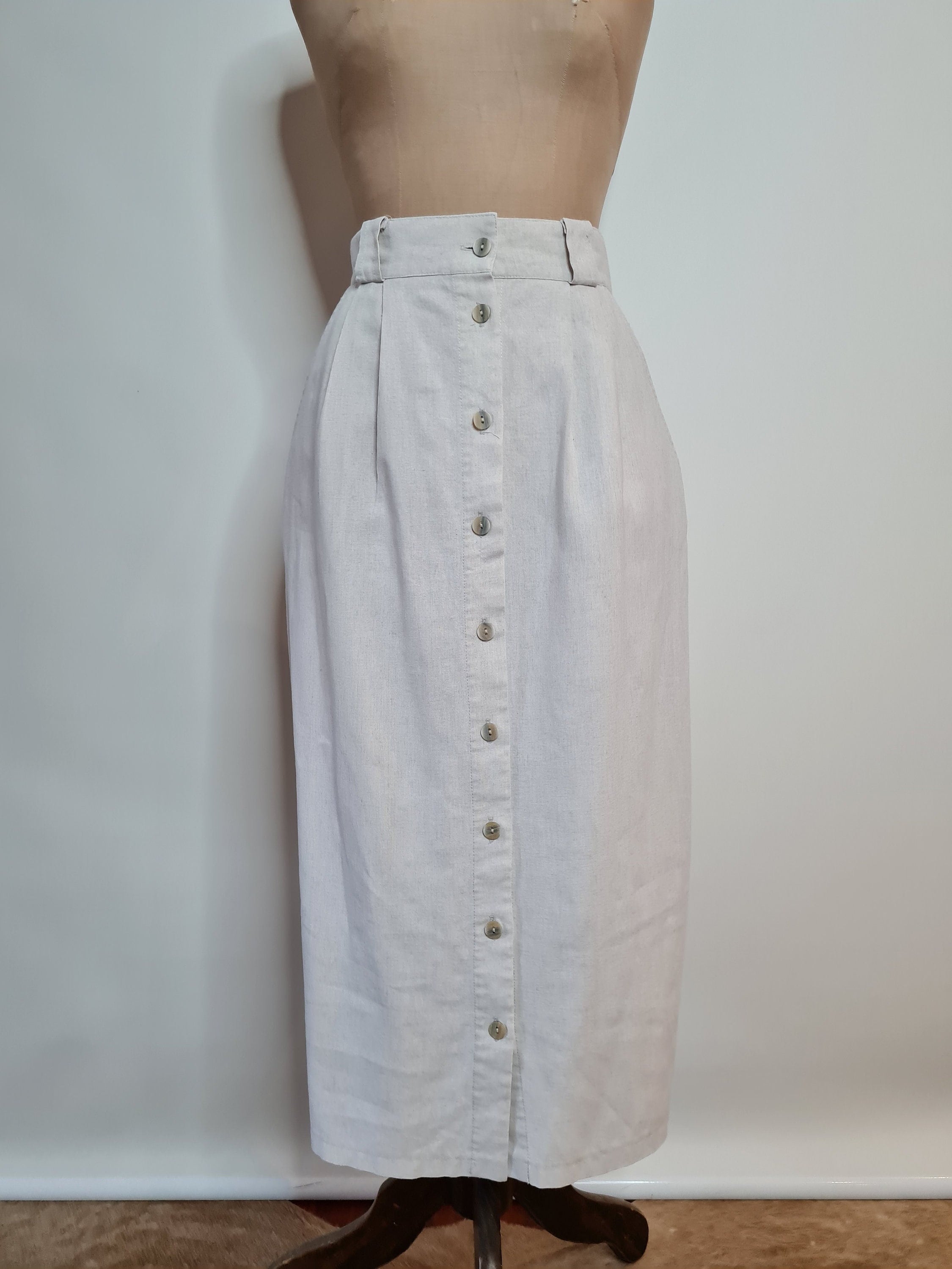 Vintage 80s Linen Blend Midi Skirt - Button Front, Pleated Waist