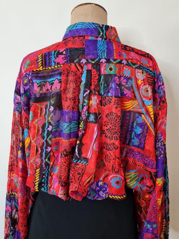 80s Patchwork Print Blouse: Red Purple Semi Sheer… - image 8