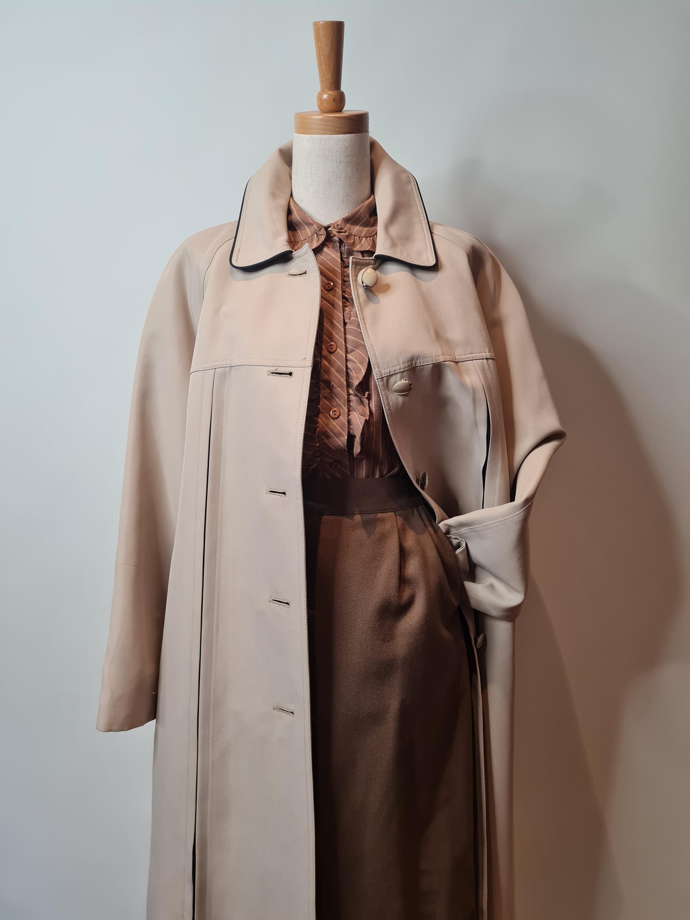 1960s Gabardine A-line Raincoat: Stone & Black Trim, Vintage Virgo