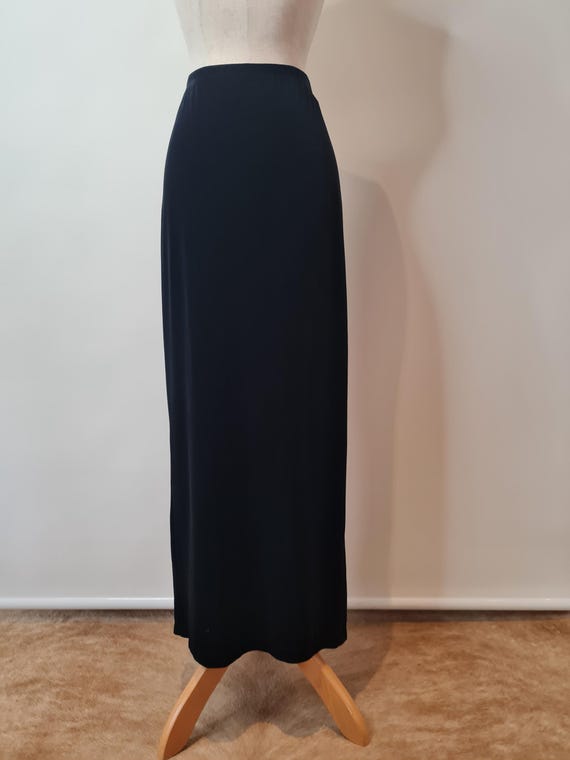 Black velour Y2K slim maxi skirt with deep back vent, elastic waist, Rampage.