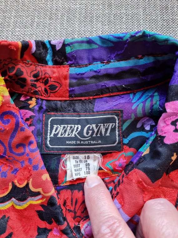 80s Patchwork Print Blouse: Red Purple Semi Sheer… - image 9