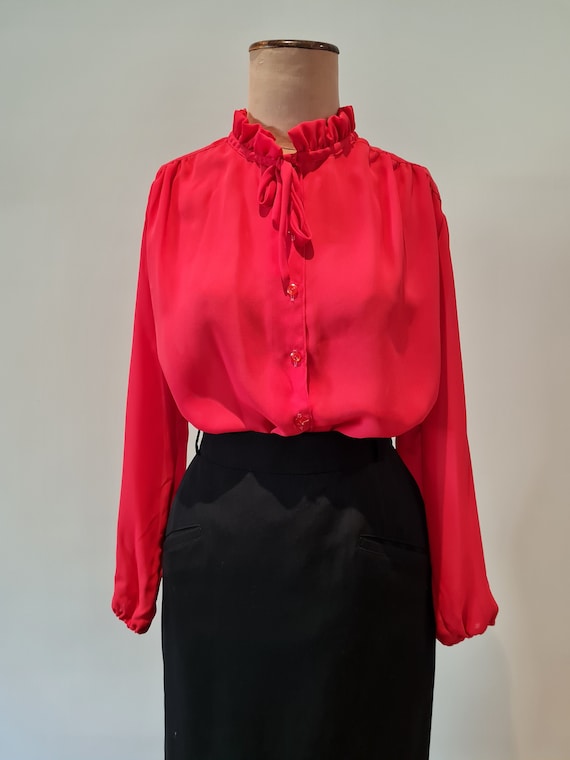 Georgette 1980's Ruffle Necked Blouse From Elena, With