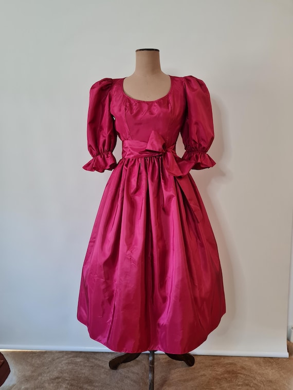 Vintage PM by Leon Haskins Raspberry Taffeta Party Dress, Puff Sleeves,  Size 10