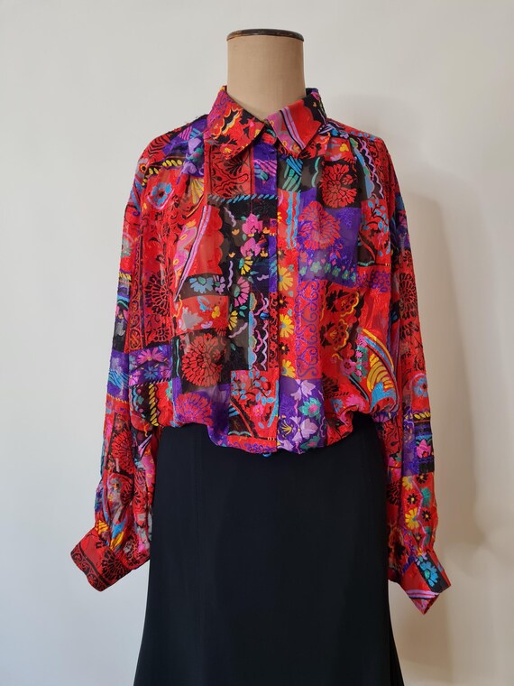 80s Patchwork Print Blouse: Red Purple Semi Sheer… - image 2