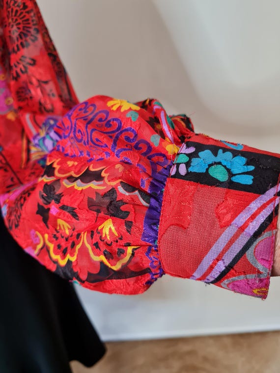 80s Patchwork Print Blouse: Red Purple Semi Sheer… - image 6