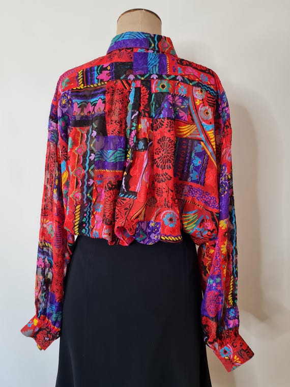 80s Patchwork Print Blouse: Red Purple Semi Sheer… - image 7