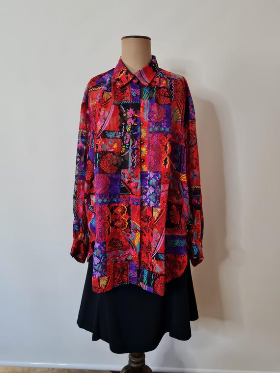 80s Patchwork Print Blouse: Red Purple Semi Sheer… - image 3