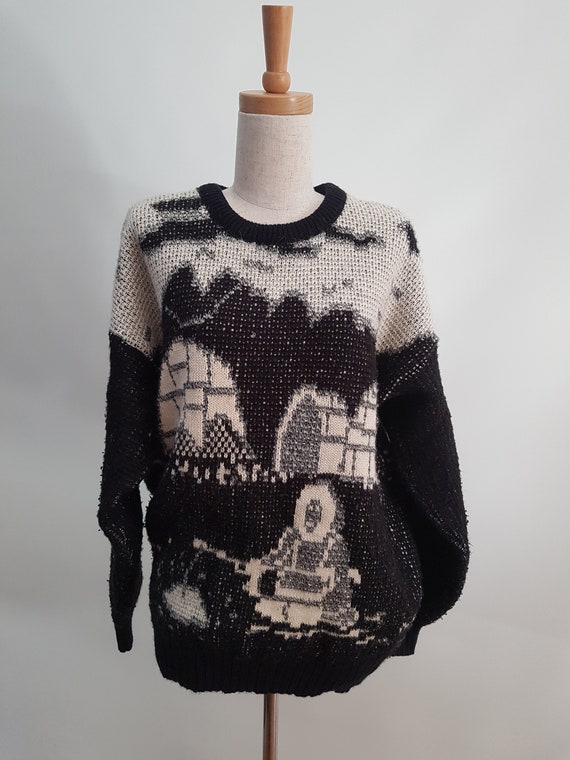 1980's Men's crew Neck Sweater with Jacquard desi… - image 1