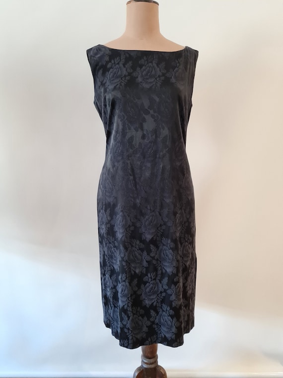 90's Country Road Black sateen jacquard sleeveless shift dress size 10-12
