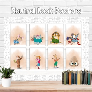 May include: A set of eight neutral colored book character posters featuring characters from popular children's books. The posters are printed on white paper and have a simple, minimalist design. The characters include a llama, a monkey, a mouse, a girl with a scarf, a monster, a cat, a mouse, and an egg.