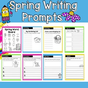 May include: A printable worksheet with writing prompts for spring. The worksheet includes a spring word board, a gardening list, a picnic lunch shopping list, how to walk a dog, informative writing prompts, a narrative writing prompt, and an opinion writing prompt.