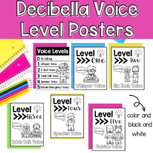 以下が含まれることがあります： 子供たちのイラストと「Decibella Voice Level Posters」と「Voice Levels」というテキストが書かれた、黒と白のポスター5枚。ポスターには「Level One」から「Level Five」までのラベルが付けられており、それぞれ「Whisper Voice」、「Six Inch Voice」、「Table Talk Voice」、「Speaker Voice」、「Outside Voice」という対応する音声レベルの説明が記載されています。