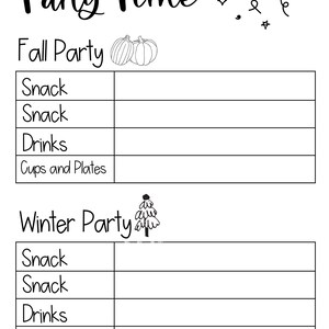 Może przedstawiać: Czarno-biały arkusz planowania imprezy ze słowami "Party Time" na g&oacute;rze. Arkusz podzielony jest na sekcje "Fall Party" i "Winter Party", z miejscem na wpisanie przekąsek, napoj&oacute;w i innych przedmiot&oacute;w. Zawiera ilustracje dyni i choinki.