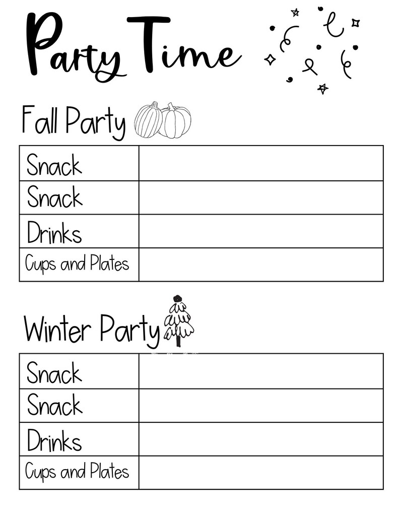 Może przedstawiać: Czarno-biały arkusz planowania imprezy ze słowami "Party Time" na g&oacute;rze. Arkusz podzielony jest na sekcje "Fall Party" i "Winter Party", z miejscem na wpisanie przekąsek, napoj&oacute;w i innych przedmiot&oacute;w. Zawiera ilustracje dyni i choinki.