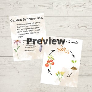 May include: Two educational printables on a light wood background. One titled "Garden Sensory Bin" with instructions and a recipe. The other shows the "Life Cycle of a Tomato" with watercolor illustrations. A preview watermark is visible.