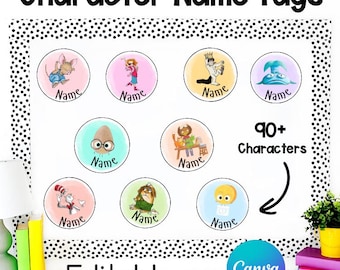Book Character Name Tags: Classroom Decor Canva Template (Digital Download