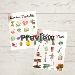 May include: Two watercolor prints featuring garden themes. One print displays various vegetables like carrots, tomatoes, and peppers. The other showcases gardening tools such as a watering can, shovel, and rake. The word "Preview" is overlaid on the image.