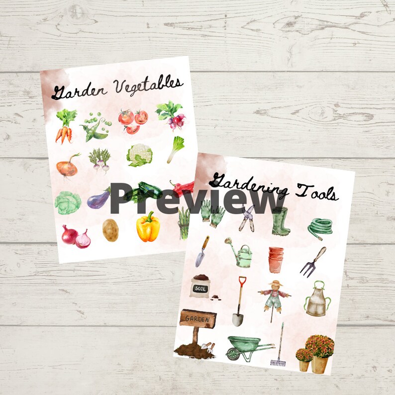 May include: Two watercolor prints featuring garden themes. One print displays various vegetables like carrots, tomatoes, and peppers. The other showcases gardening tools such as a watering can, shovel, and rake. The word "Preview" is overlaid on the image.
