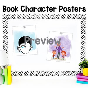 May include: A preview of book character posters featuring illustrations of characters from the book "Wonder". The posters are printed on white paper and have a black and white polka dot border. The posters are displayed on a white noticeboard.