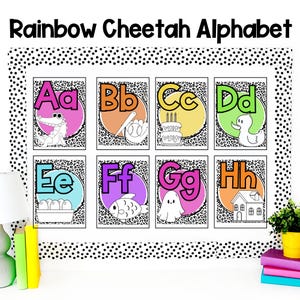 Regenbogen Cheetah Alphabet Poster | Regenbogen Gepard Klassenzimmer Dekor | Poster für das Klassenzimmer