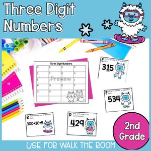 Può includere: Un colorato foglio di lavoro educativo per studenti di seconda elementare, con il titolo "Three Digit Numbers". L'immagine include problemi di matematica, una griglia e personaggi di yeti dei cartoni animati. Il testo "USE FOR WALK THE ROOM" è in basso.
