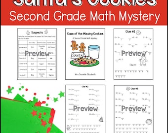 Può includere: Un'immagine rossa e bianca con il testo "Santa's Cookies Second Grade Math Mystery". L'immagine include fogli di lavoro con problemi di matematica e illustrazioni di omini di pan di zenzero, biscotti e latte. I fogli di lavoro sono progettati per studenti di seconda elementare.