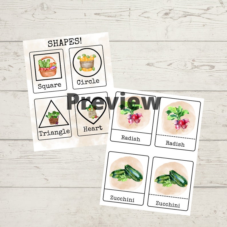 May include: Educational flashcards featuring shapes and vegetables. The top card displays shapes: square, circle, triangle, and heart, each with a corresponding illustration of a basket of vegetables. The bottom card shows radishes and zucchini.