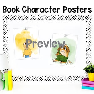 May include: A preview of book character posters featuring illustrations of two characters from children's books. The first poster features a yellow watercolour background with a character wearing a yellow sweater, blue trousers, and glasses. The second poster features a green watercolour background with a character wearing a green shirt and overalls. The text "Preview" is superimposed over the posters.