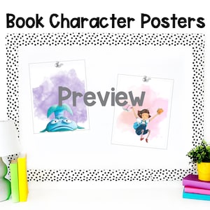 May include: Preview of book character posters. Two posters are shown, one with a blue fish character and the other with a girl character holding books.
