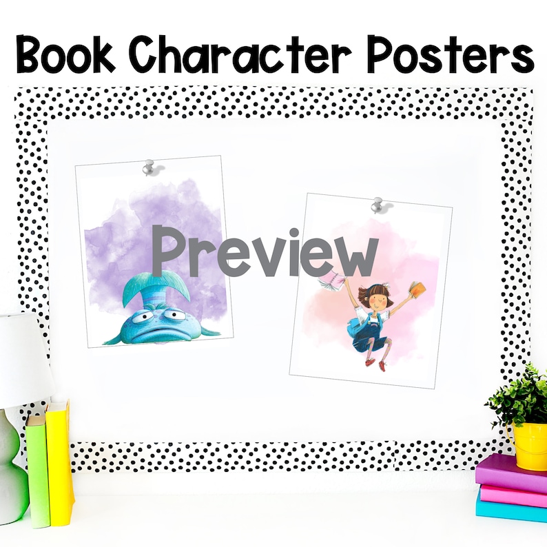 May include: Preview of book character posters. Two posters are shown, one with a blue fish character and the other with a girl character holding books.