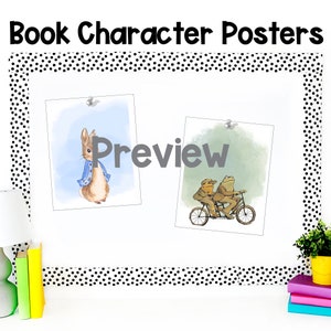 May include: A preview of book character posters featuring Peter Rabbit and two frogs riding a bicycle. The posters are displayed on a white noticeboard with a black and white polka dot border.