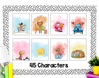 Carteles de personajes de libros de acuarela / Personajes de libros Volumen 2 / Carteles de personajes / Decoración del aula de personajes / Decoración brillante del aula