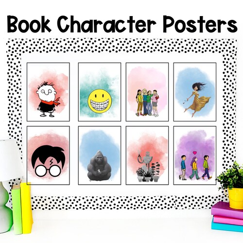 Poster con personaggi di libri ad acquerello: decorazioni per la biblioteca della classe