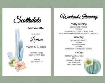Scottsdale Arizona Bachelorette Party Itinéraire et modèle d’invitation. Téléchargement numérique instantané. Cactus, Désert, PDF Modifiable.