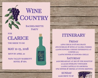 Itinéraire et modèle d’invitation de Wine Country California Bachelorette Party. Téléchargement numérique instantané. Napa Valley, Sonoma, PDF Modifiable.