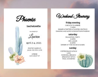 Phoenix Arizona Bachelorette Party Itinéraire et modèle d’invitation. Téléchargement numérique instantané. Cactus, Désert, Pdf modifiable.