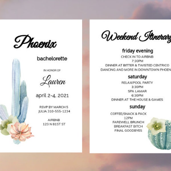 Phoenix Arizona Bachelorette Party Itinerary and Invitation Template. Instant Digital Download. Cactus, Desert, Editable PDF.