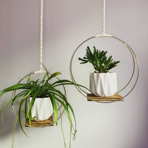 Gold Hoop Plant Hanger: Macrame Cord, Wood Base, Modern Indoor Decor