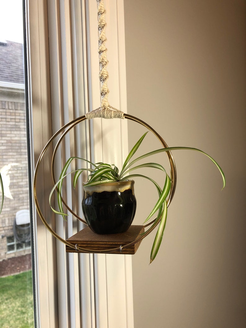 GOLD HOOP Plant Hanger Metal Rings on a Wood Base With Natural Etsy UK