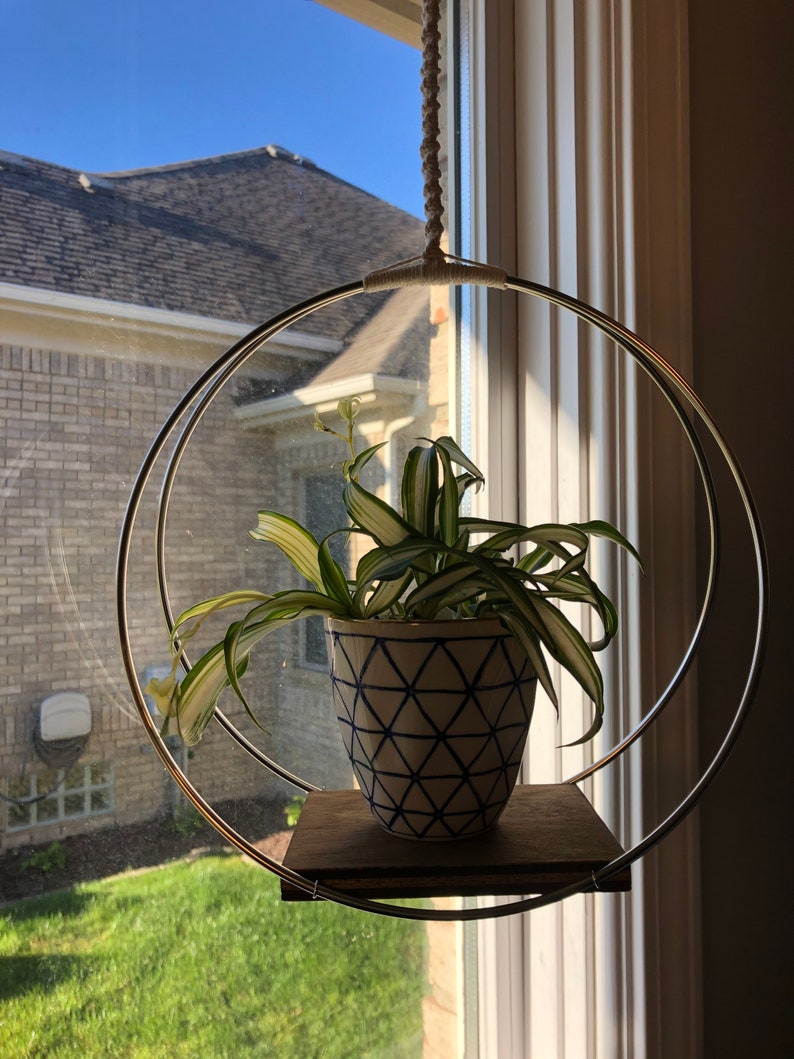 SILVER HOOP Plant Hanger Metal Rings on a Wood Base With Etsy