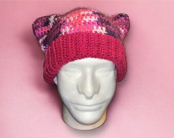 pink and plum variegated cat beanie