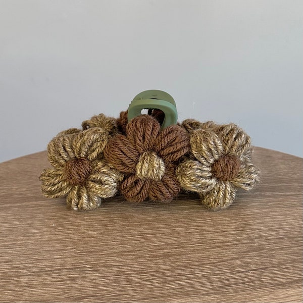 Handmade Crochet Flower Hair Claw Clip // Green, Brown, Tan