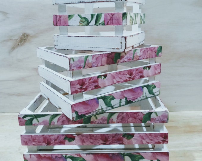 3 Decorated Crates Shabby Chic Decor Decoupage Wooden Crate Etsy