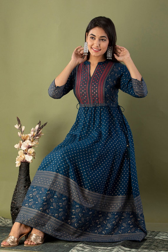 Indian Women Blue Embroidered Dress Anarkali Gown Long Kurti - Etsy