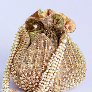 Maroon Red  Embroidered With Gold & Rhinestone Detailing Potli Lotus Bag