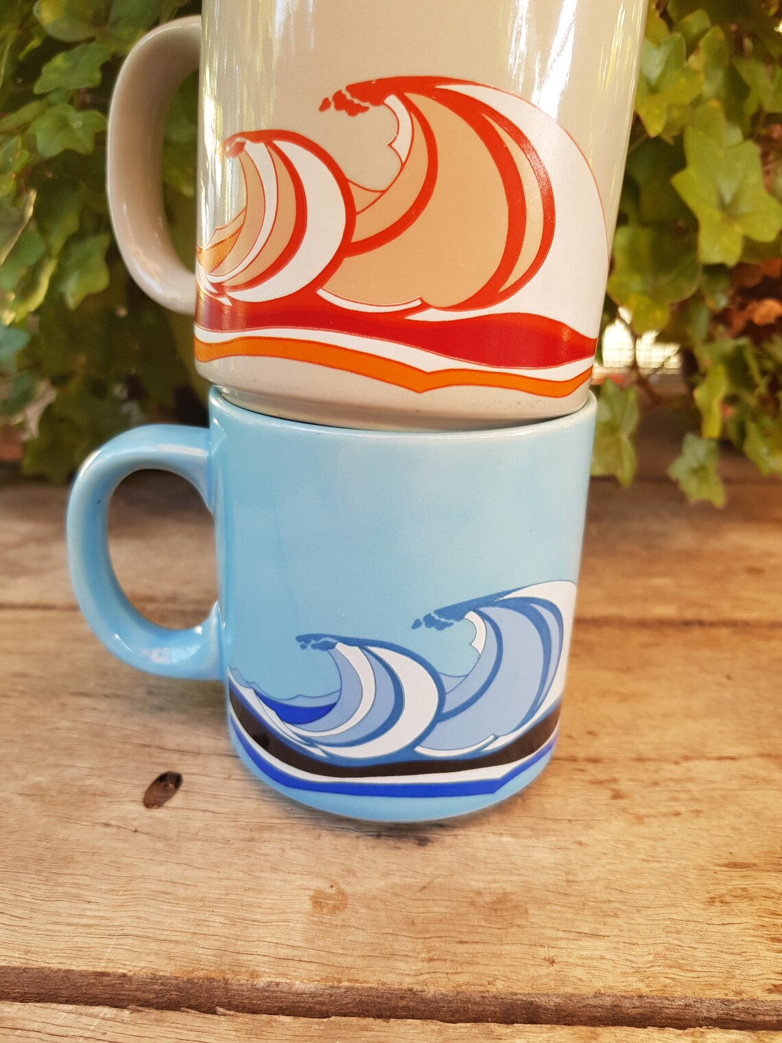 Vintage 70s Pair of Wave Mugs Made in Korea Ocean Mugs Etsy