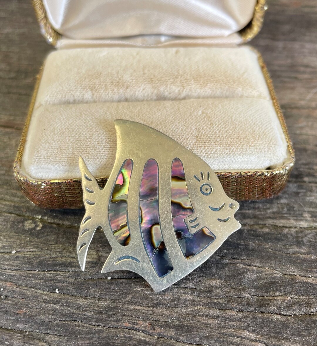 Vintage 1960’s Mexico Abalone Paua Shell Fish Alpaca Silver Alloy ...