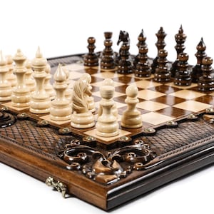 Fathers Day GIft Handmade  3in1 Wooden Chess Backgammon & Checkers Set Big Size Wooden Chess Pieces, Chess Complete Handmade Figures
