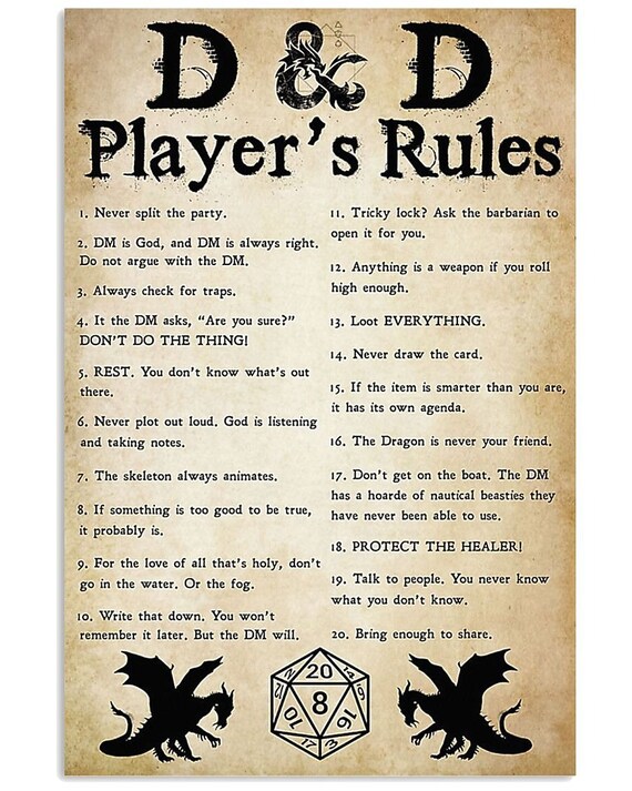 D&D Players Rules Poster Home Decor Wall Art Print Gift Etsy