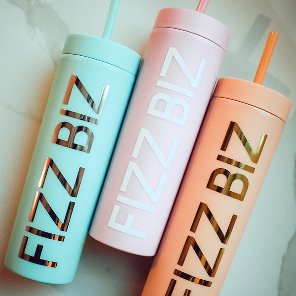 Fizz Biz Matte Colored Skinny Tumbler - 16 oz Double Wall Acrylic Tumbler with Reusable Straw - Arbonne Gifts for Her - Custom Drinks